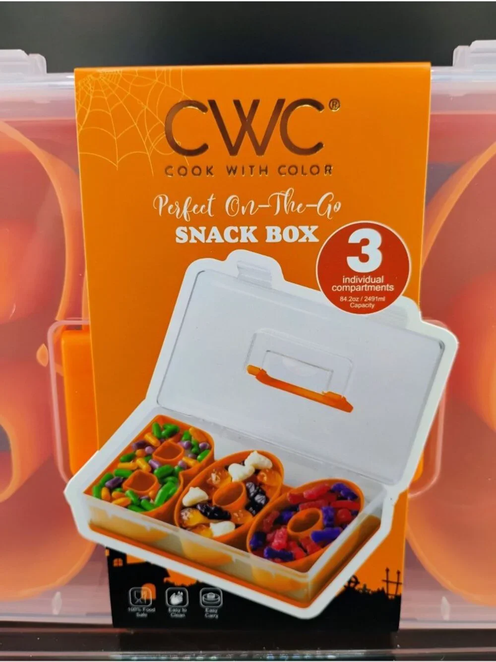Halloween-Themed Orange Snack Box With 3 Compartments BPA-Free